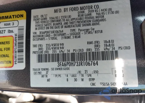 2018 Ford Fusion Se z USA, uszkodzony, nr VIN 3FA6P0H73JR106764